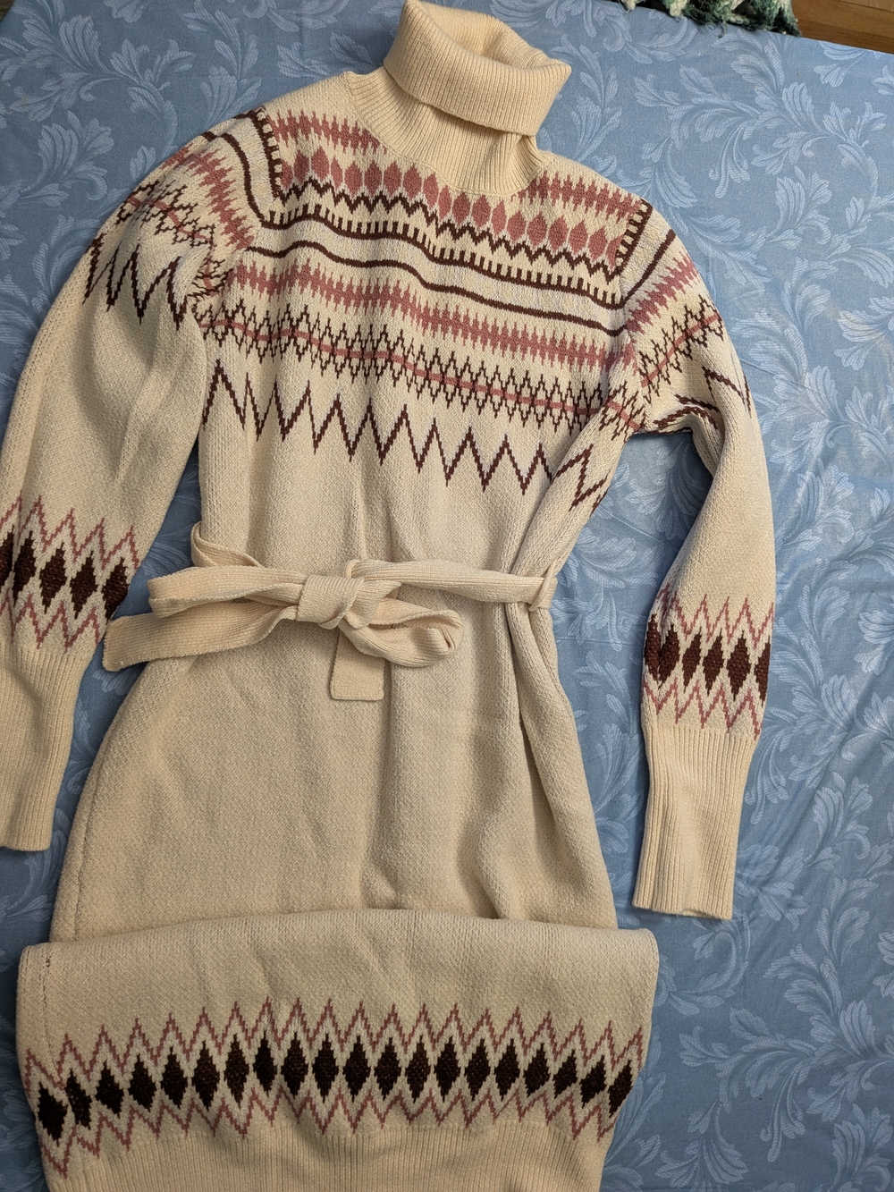 Lulu's Cream Fair Isle Turtleneck Sweater Dress with Belt